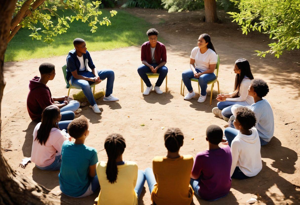 An inspiring scene of a diverse group of teenagers engaged in an open-air counseling session about cancer challenges. They are seated in a circle, sharing their experiences and support, surrounded by nature. Gentle sunlight filters through trees, creating a warm and hopeful atmosphere. Include symbols of resilience like intertwined hands and butterflies, representing growth. super-realistic. vibrant colors. soft focus.