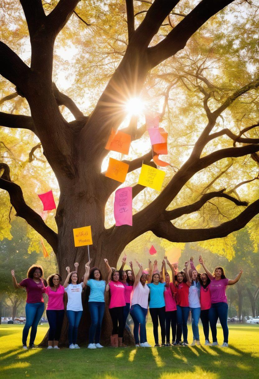 A passionate group of diverse teenagers rallying together in a park, holding colorful banners advocating for cancer awareness. Bright smiles and determined expressions showcase their empowerment. In the background, a large tree symbolizes growth and hope, while the sun sets, casting a warm glow over the scene. The atmosphere is vibrant and energetic, highlighting unity and strength. super-realistic. vibrant colors. soft natural lighting.