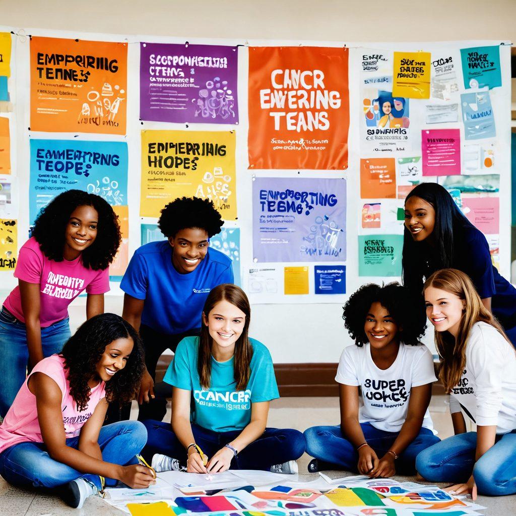A diverse group of energetic teens working together in a bright, inviting community center, surrounded by informational posters about cancer awareness. They’re engaged in a lively brainstorming session, with colorful art supplies scattered around, symbolizing creativity and support. A large, uplifting banner reading 'Empowering Teens' hangs above them. Include elements of hope, teamwork, and resource sharing. vibrant colors. super-realistic. natural lighting.